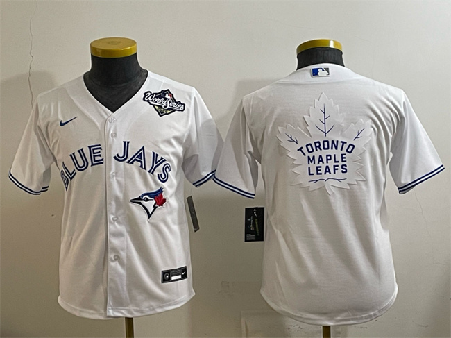 Youth Toronto Blue Jays Toronto Blue Jays & Leafs White 2025 World Series With White Leafs Logo Cool Base Stitched Baseball Jersey